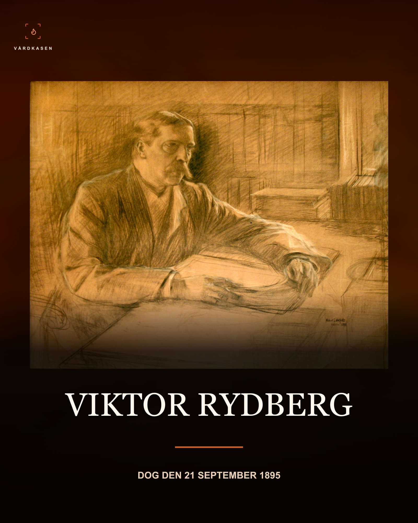 Viktor Rydberg vid skrivbordet, teckning av Albert Edelfelt 1892. Foto Mattias Jacobsson enligt Commons uppladdningshistorik, källa Göteborgs universitets bildbank. Wikimedia Commons: Public domain, PD-Art och Public Domain Mark 1.0. Beskärning och textöverlägg; ingen AI-restaurering.