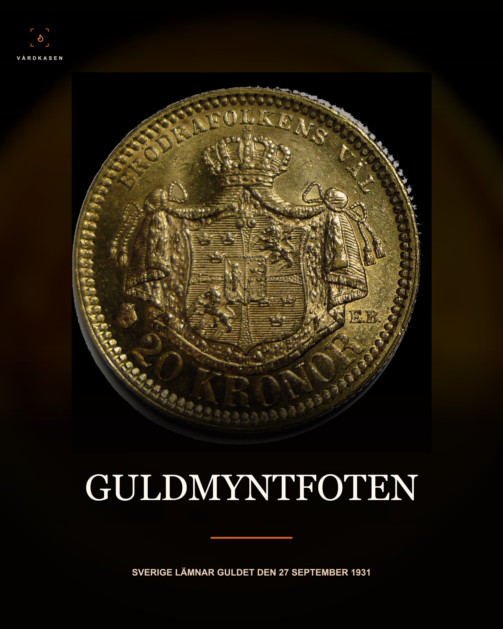 Svenskt tjugokronorsmynt från den skandinaviska myntunionens tid. Foto: Anonimski, 2013, CC0 1.0, https://creativecommons.org/publicdomain/zero/1.0/, via Wikimedia Commons. Beskärning till det svenska myntet, storleksanpassning, läsbarhetsgradienter och textöverlägg. Illustrerar guldmyntfoten, inte beslutsdagen 1931. Ingen AI-restaurering.