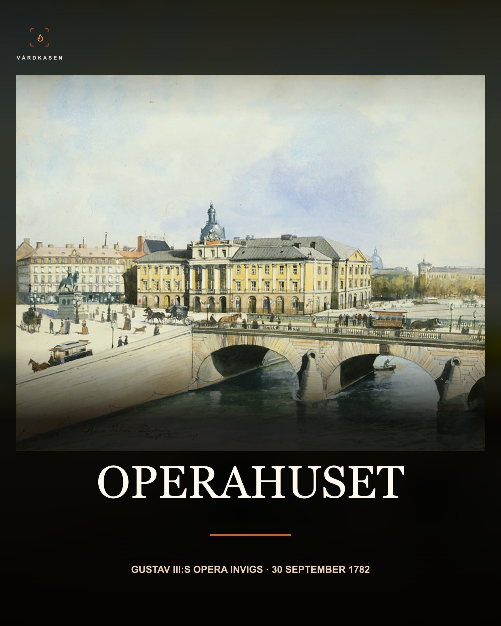 Gustav III:s operahus före rivningen, i Anna Palms akvarell från 1892. Stadsmuseet, SSM 1618, via Wikimedia Commons, PD-Art/Public Domain Mark; institutionspost CC-BY. Inte invigningskvällen 1782. Storleksanpassning, läsbarhetsgradienter och textöverlägg.